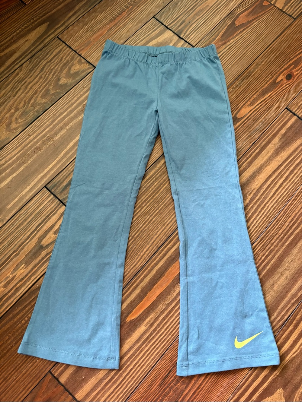 Nike Girls' Teal Flared Leggings with Yellow Swoosh